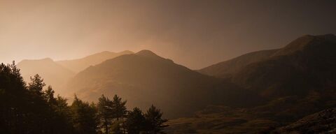 A stylised photograph of the Welsh mountains, dark and brooding with golden light and woodland in the foreground.